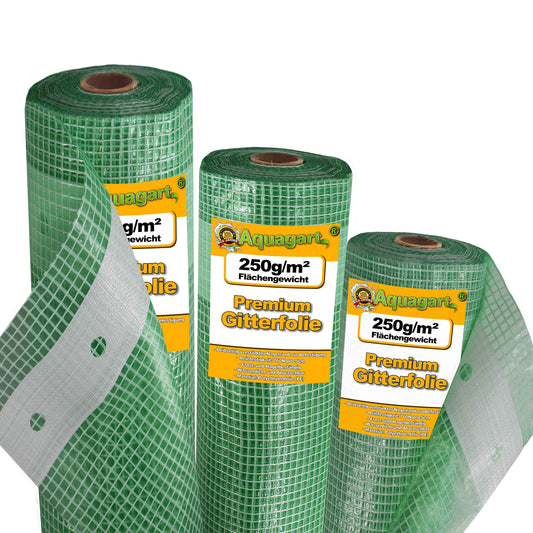 Aquagart Gewächshaus Gitterfolie – 250g, 4,0m breit, grün/transparent. Grüne, transparente Gitterfolie schützt Pflanzen in Gewächshäusern.