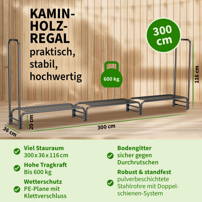 TTL Garden Kaminholzregal L mit Abdeckung, 300 x 36 x 116 cm, schwarz