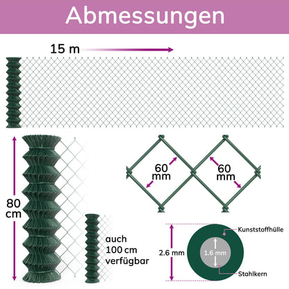 B!HOME Maschendrahtzaun grün 80 cm x 15 m Stahl Gartenzaun