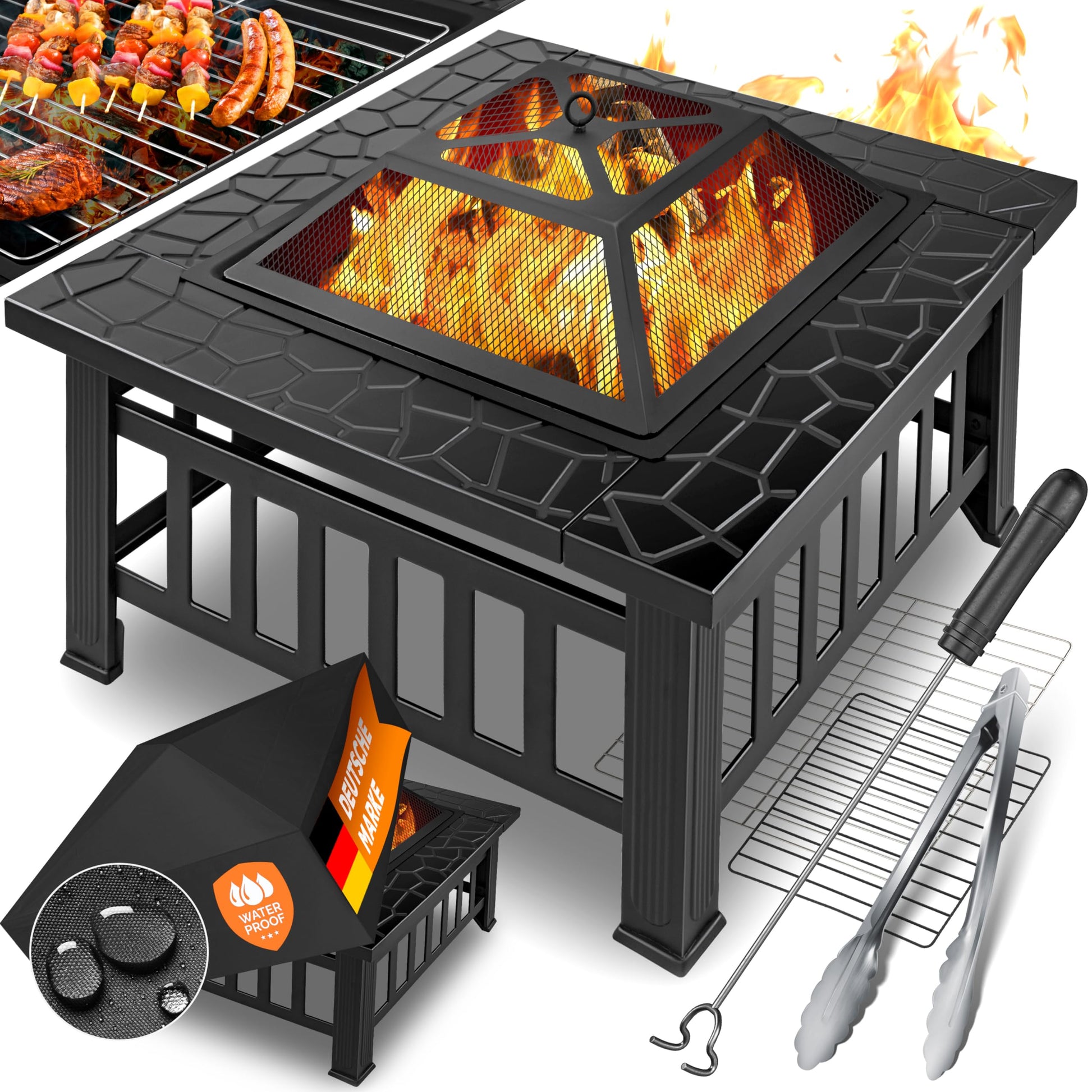 KESSER® Feuerstelle 3in1 mit Grillrost & Schutzhülle 82x82cm. Quadratische, schwarze Metall-Feuerstelle zum Anzünden von Feuer und Grillen.