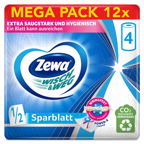 Zewa Wisch & Weg Sparblatt Küchenrolle mit Power-X-Struktur, 4 Rollen aus weichem Papier