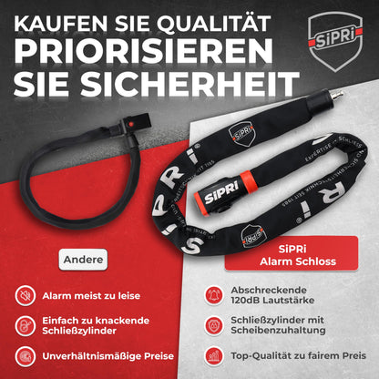 SiPRi Fahrradschloss mit Alarm, Kettenschloss 8 mm Stahl, 120 cm