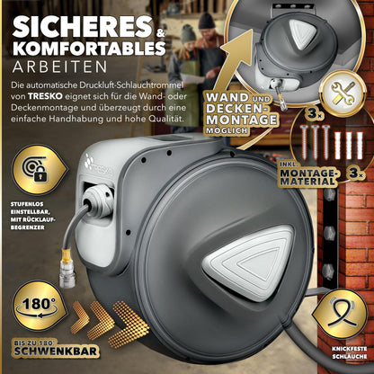 TRESKO Druckluftschlauch Aufroller automatisch 20m 1/4" Grau