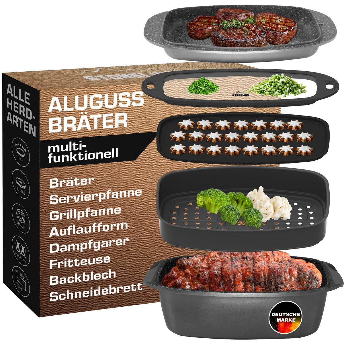 STONELINE Aluguss Bräter Set 5-teilig mit Deckel, induktionsgeeignet, Bräter aus Aluguss mit Dampfeinsatz und Glasdeckel