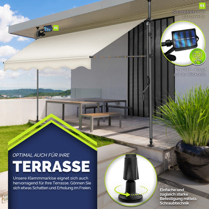 tillvex Klemmmarkise Handkurbel Balkonmarkise – Sand LED 200cm