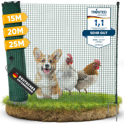 Naturiz mobiler Weidezaun & Hundezaun 25m, 90cm hoch, ohne Strom, grünes Netz mit Erdspitzen