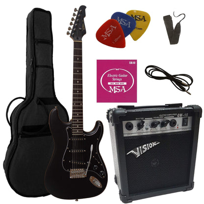 Einsteiger E-Gitarre Set 20W Verstärker – Matt Schwarz: Matt-schwarze E-Gitarre mit Tonabnehmern und passendem 20W Gitarrenverstärker. Ideal zum E-Gitarre lernen.