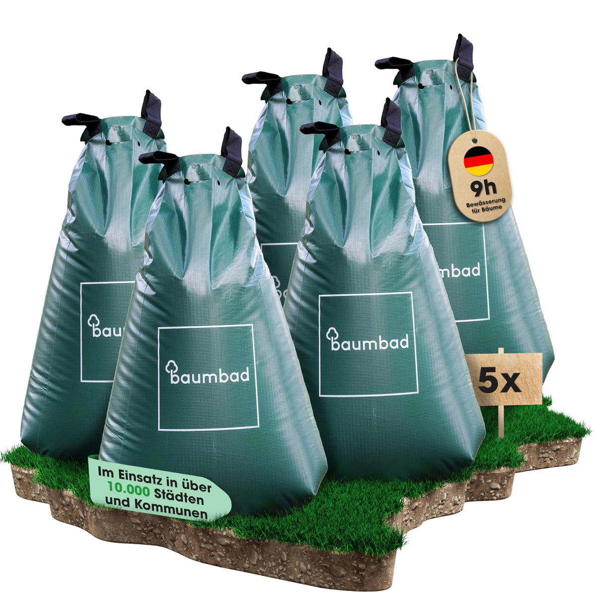 baumbad Bewässerungsbeutel 75 Liter 5er-Set, UV-beständig, Grün, aus faserverstärktem PVC mit Reissverschluss