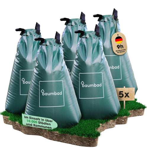 baumbad Bewässerungsbeutel 75 Liter 5er-Set, UV-beständig, Grün, aus faserverstärktem PVC mit Reissverschluss