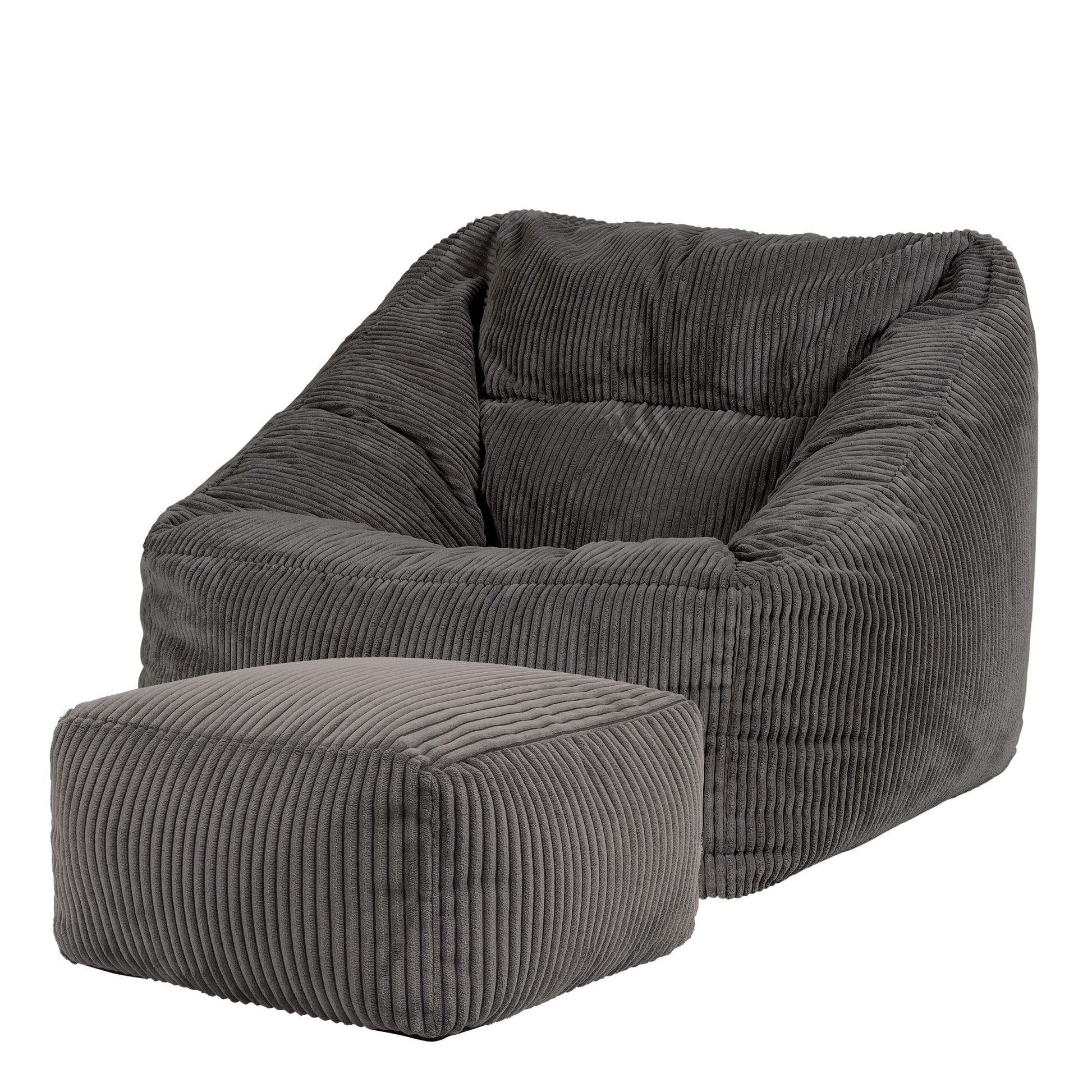 Icon Natalia Sitzsack mit Hocker – Dunkelgrau Cordstoff. Dunkelgrau, gerippter Cordstoff. Bietet flexible, komfortable Sitzgelegenheit mit Fußstütze.