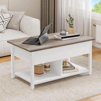 YITAHOME Couchtisch Anhebbar Höhenverstellbar Stauraum Weiss-Grau