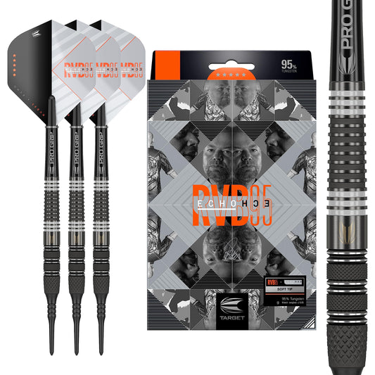 RVB Echo Softtip Darts Set – 20G 95% Tungsten. Graue, schlanke Wolfram-Barrels mit farbigen Flights. Für Softtip-Dartboards.