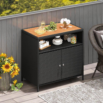 COSTWAY Gartenschrank Rattan mit Akazienholz-Arbeitsplatte, Schwarz