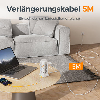 TESSAN Steckdosenturm 12-fach mit USB-C, 5 m Kabel, Weiss