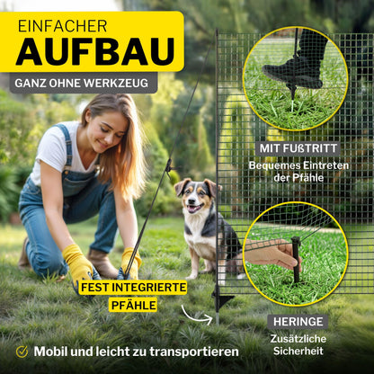 horizont Mobiler Hundezaun 25 m x 90 cm, 15 Pfähle, Garten & Camping