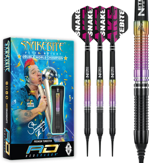 RED DRAGON Snakebite Weltmeister 2020 Softip Darts - 22g Wolfram: Schlanke, zylindrische Darts mit schwarzer Softtip zum Dartsspielen auf elektronischen Boards.