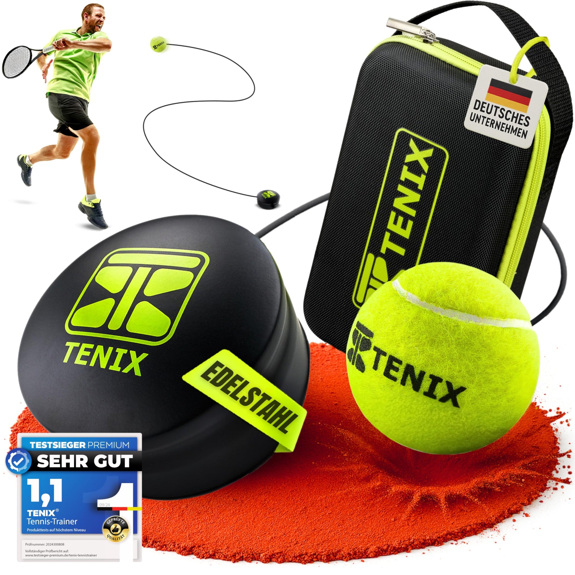 TENIX Tennis-Trainer Set | Trainingsgerät mit Power-Grip-System, Tennisball an robustem Gummiseil
