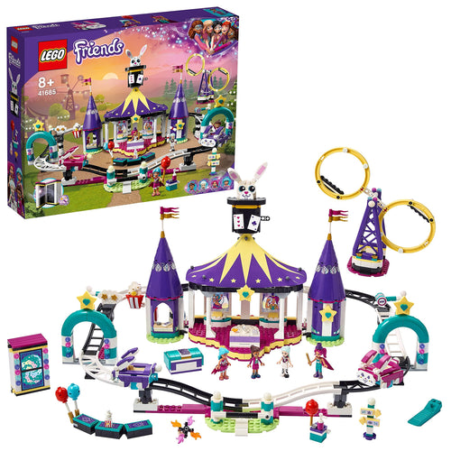 LEGO Friends 41685 Magische Jahrmarktachterbahn. Bunte Achterbahn mit Looping und Waggons. Ermöglicht das Nachspielen einer Jahrmarktfahrt mit Minifiguren.

