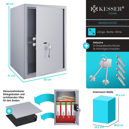KESSER Safe Möbeltresor Doppelbartschloss – 50x35x31cm Silber