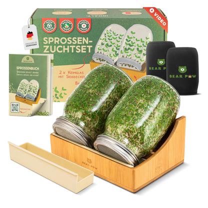 BEAR PAW Sprossenglas 2er Set 1000 ml Keimglas mit Bambushalterung und Edelstahl-Siebdeckeln