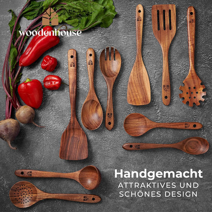 Woodenhouse Kochbesteck Set 10-teilig aus Teakholz mit Kochlöffel