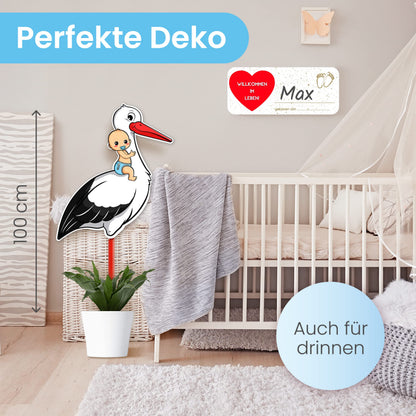 GLÜCKSGUT Klapperstorch Baby Blau 100 cm, Geburtsstorch Set