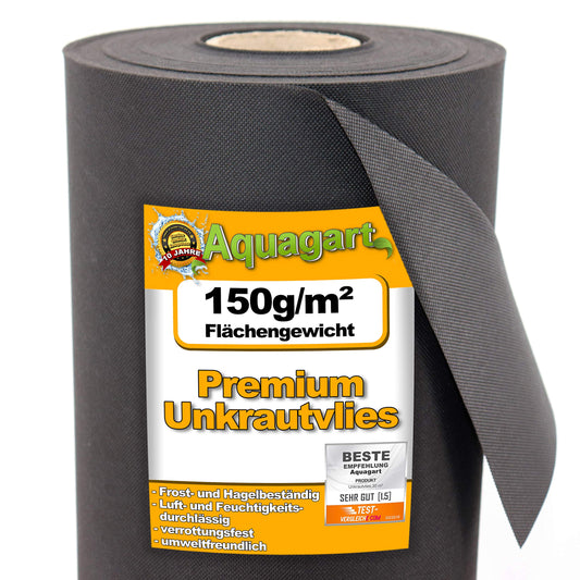Aquagart Garten Unkrautvlies 150m² - 150g/m² mit Erdankern. Schwarzes Vlies mit Erdankern. Für Unkrautkontrolle im Garten.
