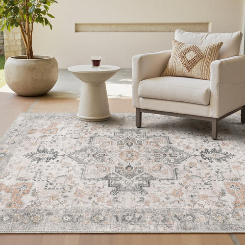 GENIMO Vintage Teppich 160x230 cm waschbar Boho Wohnzimmer Beige, Kurzflor mit zeitlosem Muster