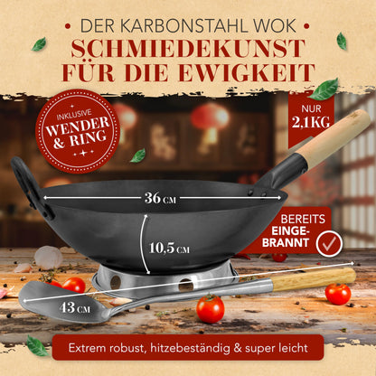 KRUSTENZAUBER 36cm Wokpfanne Induktion Karbonstahl - Voreingebrannt