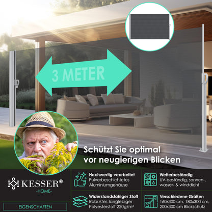 KESSER Alu-Seitenmarkise ausziehbarer Sichtschutz – 300x200cm Dunkelgrau