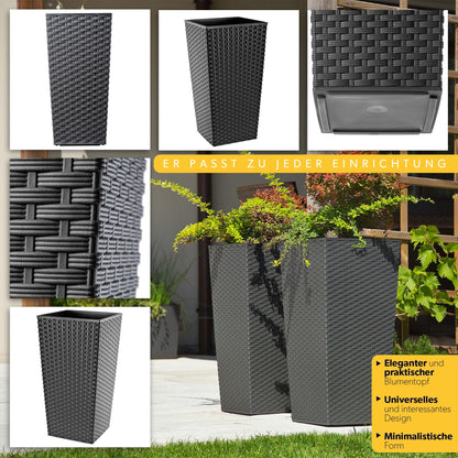 KADAX 3er Set Pflanzkübel mit Innentopf – Grafit Rattan H 57-75 cm