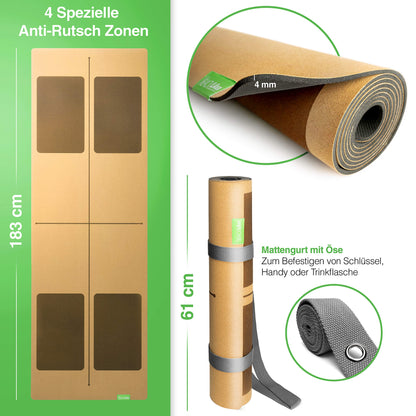 BACKLAXX ® Yogamatte Kork mit Naturkautschuk - FAZ Testsieger 10/2025 - Yoga Matte nachhaltig, schadstofffrei, Yogamatte rutschfest, Fitnessmatte mit Anti-Rutsch-Zonen inkl. Tragegurt, Turnmatte