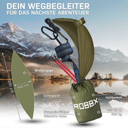 ROBBX Hängematte Outdoor mit Moskitonetz für 2 Personen, 300 kg, Oliv