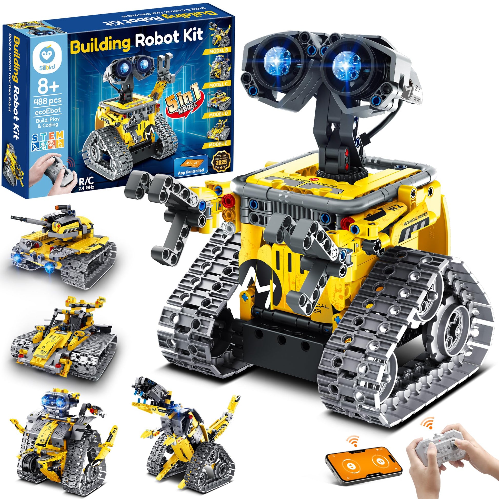 Sillbird B883 Roboter Baukasten, 5-in-1 programmierbares Robotik Set, 488 Teile