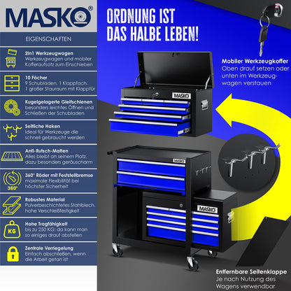 MASKO® Werkstattwagen 9 Fächer abschliessbar - Blau