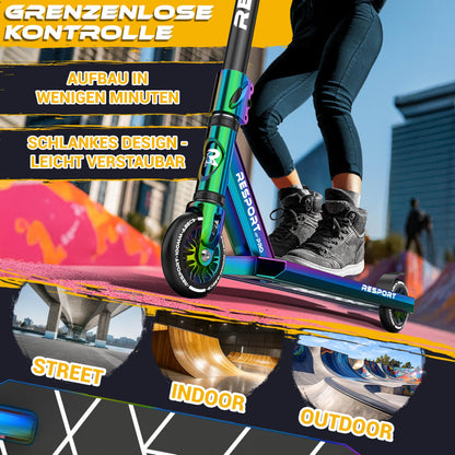 RE:SPORT REVO PRO Stunt Scooter 110 mm Rainbow Blaze mit Ständer