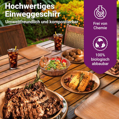 Waipur Bio-Geschirrset aus Palmblatt mit Holzbesteck, 150-teilig