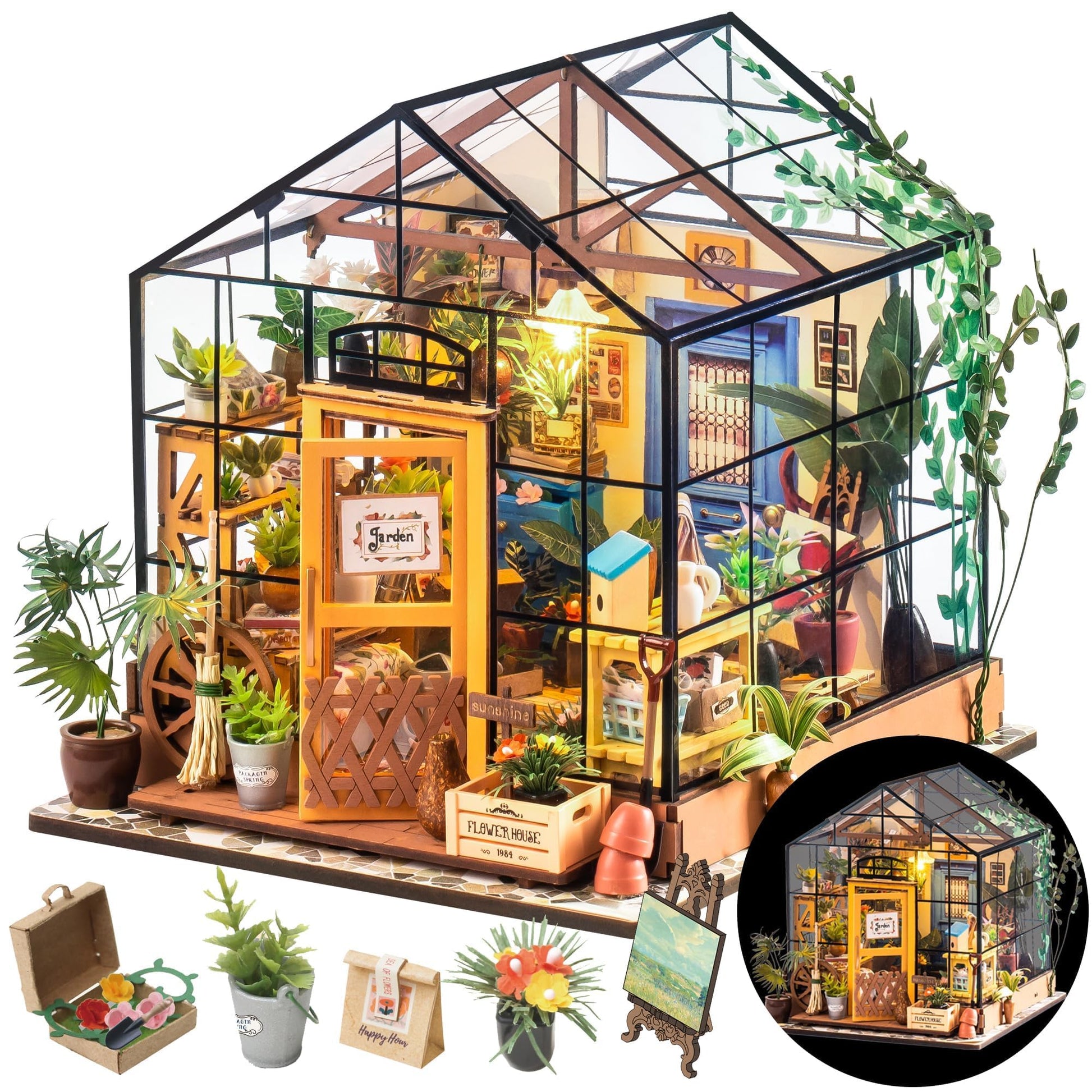 RoWood Miniatur Haus Cathys Blumenhaus, DIY Gewächshaus Bastelset aus Holz mit LED