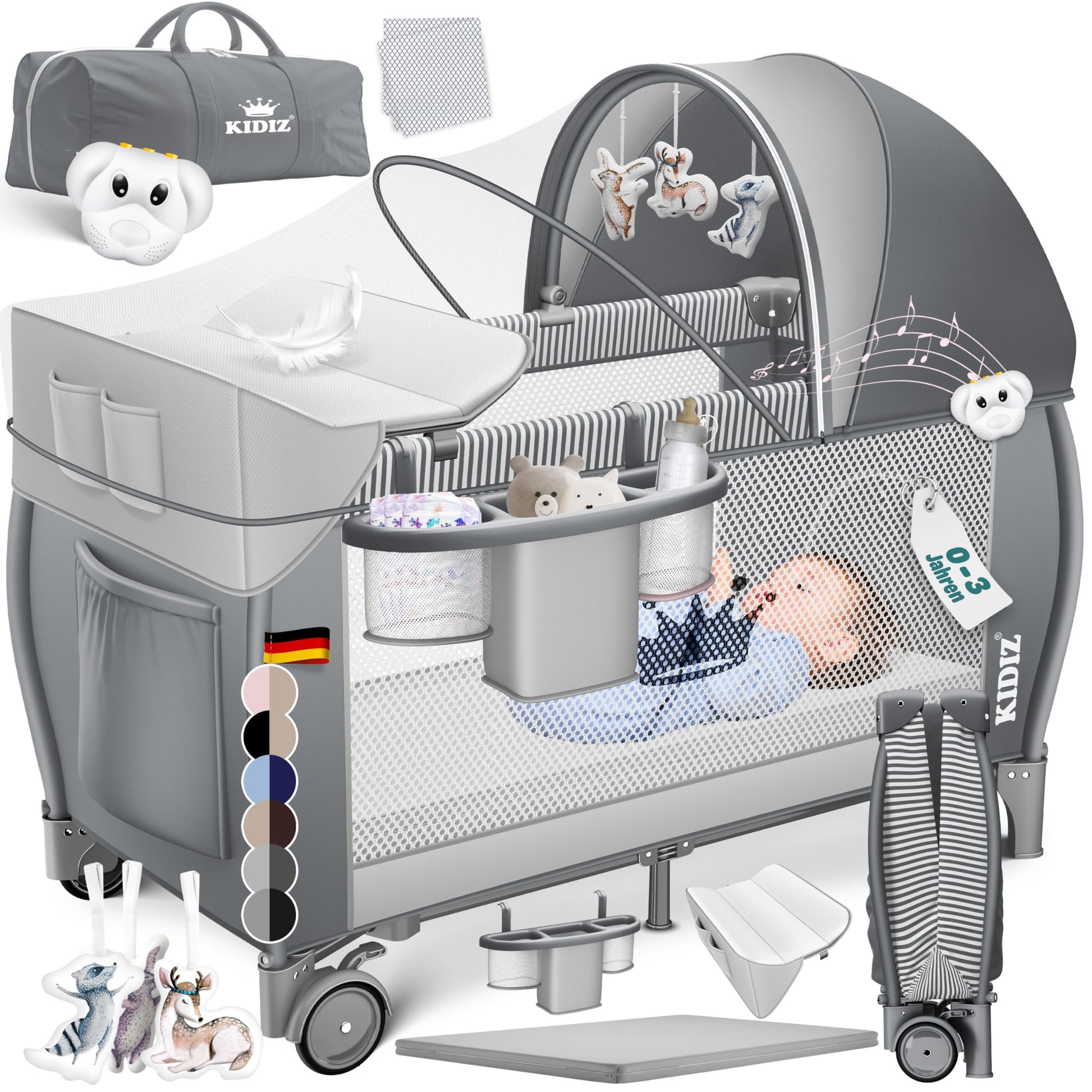 Kidiz Reisebett Baby klappbar 120x60 Grau mit Matratze. Graues, rechteckiges Reisebett, faltbar für sicheren Schlaf unterwegs.