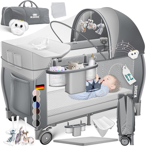 Kidiz Reisebett Baby klappbar 120x60 Grau mit Matratze. Graues, rechteckiges Reisebett, faltbar für sicheren Schlaf unterwegs.
