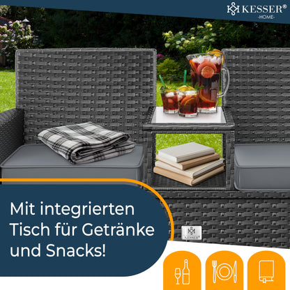 KESSER® Polyrattan Gartenbank 2-Sitzer mit Tisch – Anthrazit