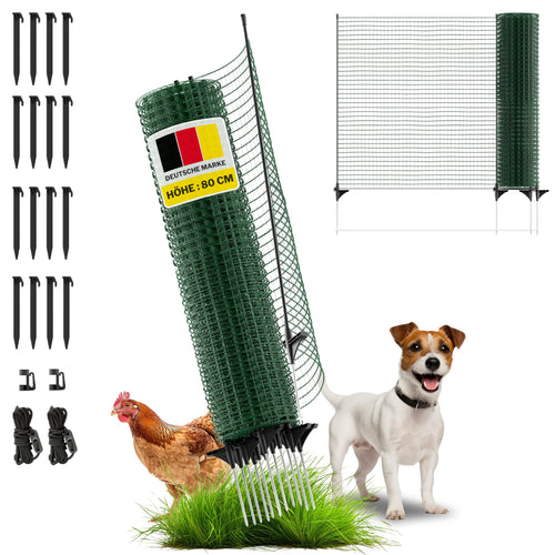 horizont Mobiler Hundezaun 20 m x 80 cm, Steckzaun mit 12 Pfählen – engmaschiges Netz