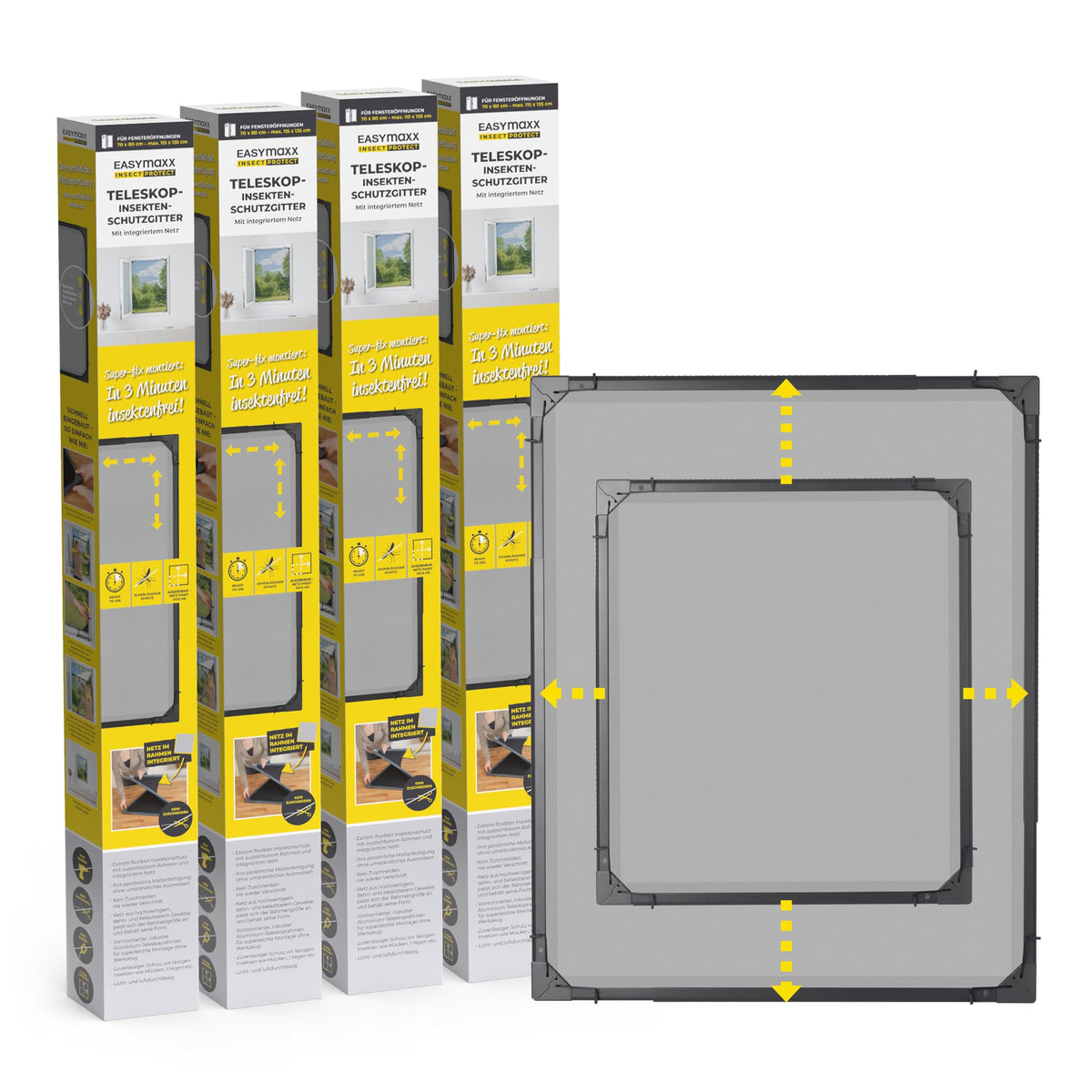 EASYmaxx Teleskop-Insektenschutzgitter Fenster, anthrazit, 4er-Set – ausziehbarer Rahmen mit integriertem Netz