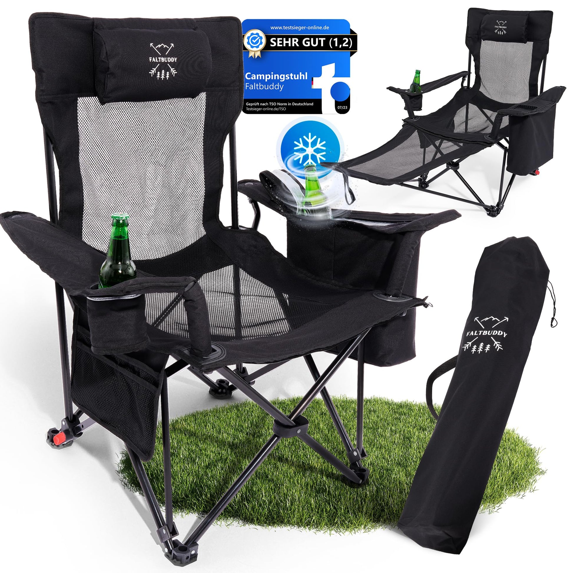 Faltbuddy Campingstuhl 2in1 faltbar mit Liegefunktion, bis 180 kg – schwarz, mit Kühltasche und Beinauflage