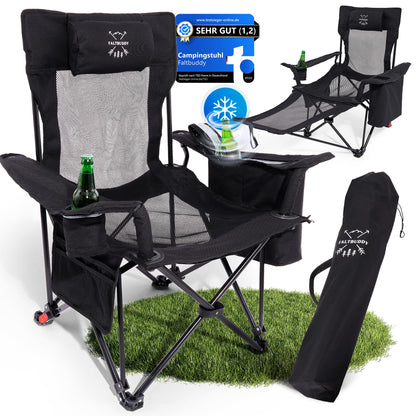 Faltbuddy Campingstuhl 2in1 faltbar mit Liegefunktion, bis 180 kg – schwarz, mit Kühltasche und Beinauflage