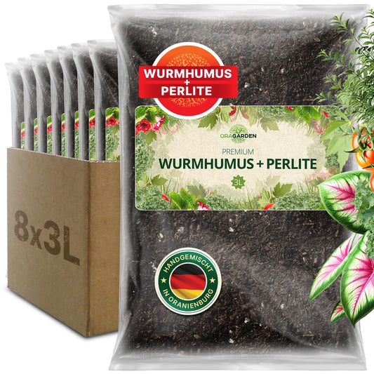 ORAGARDEN Wurmhumus mit Perlite für lockeren Boden – Pflanzenerde 24L. Dunkelbraunes Granulat mit Perlite lockert Boden und fördert gesunden Pflanzenwuchs.