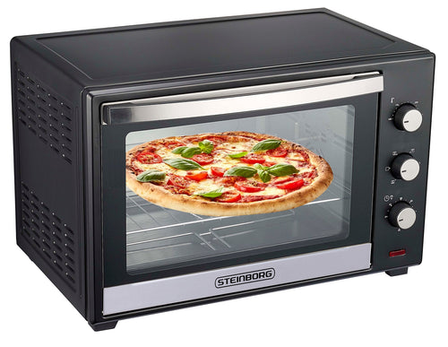 Minibackofen 60 Liter Umluft Backofen – Freistehendes Modell. Silberner, rechteckiger Ofen zum Backen und Braten von Speisen mit Heißluft.