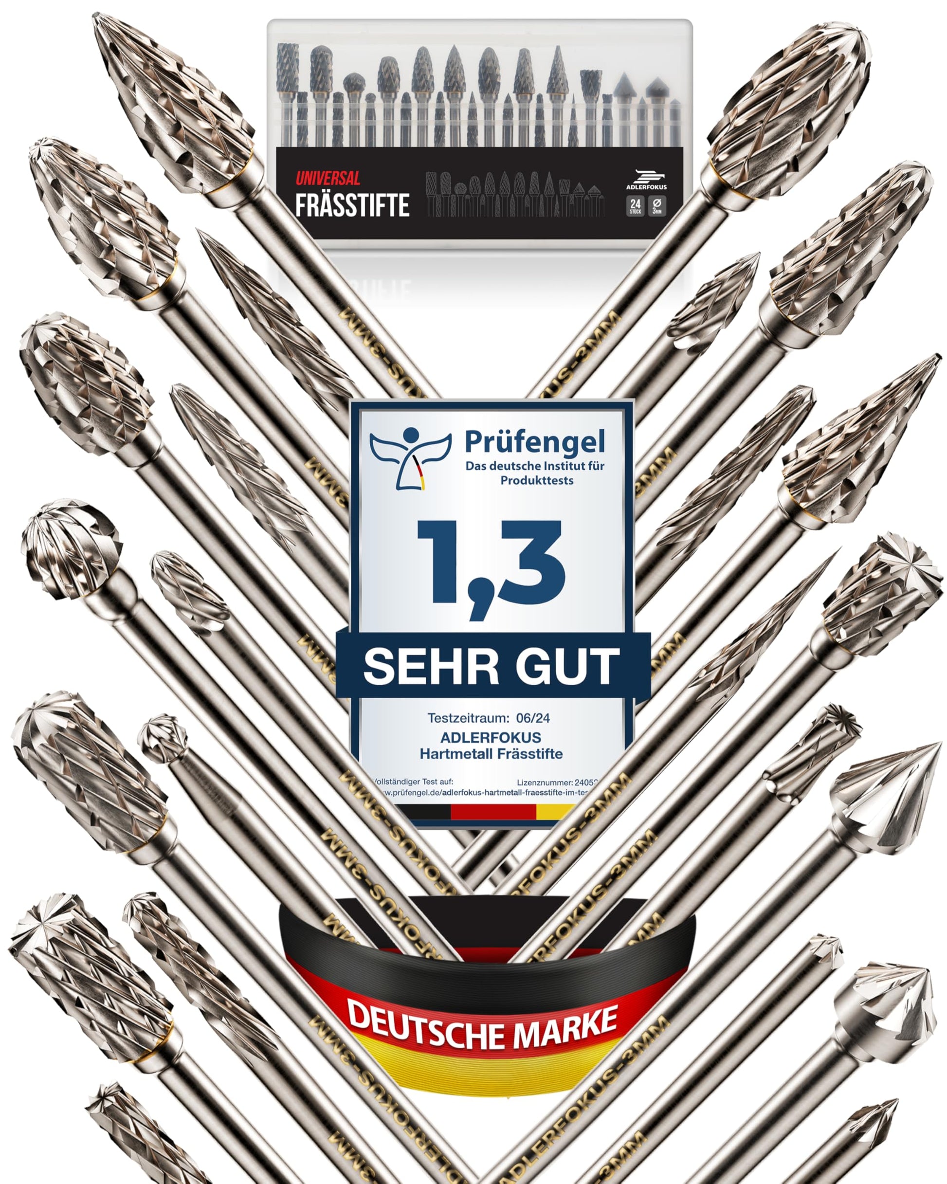 Adlerfokus Hartmetall-Frässtifte Set, 24 Stück, 3 mm Schaft – Fräser mit verzahntem Fräskopf