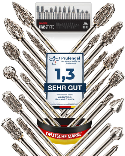 Adlerfokus Hartmetall-Frässtifte Set, 24 Stück, 3 mm Schaft – Fräser mit verzahntem Fräskopf