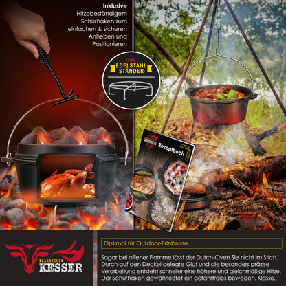 KESSER Dutch Oven Set 7,3 Liter Gusseisen Feuertopf mit Deckelheber